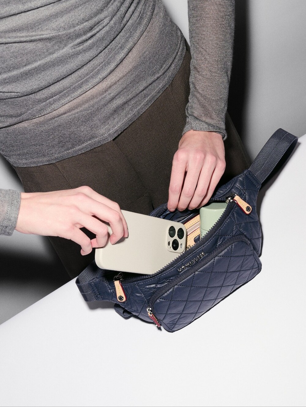 MZ Wallace Metro Quilted Sling Navy /Waist Bag with Leather Pulls - Picture 4 of 14
